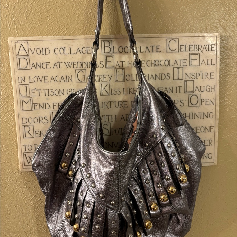 B. Makowsky Metallic Silver Hobo Bag